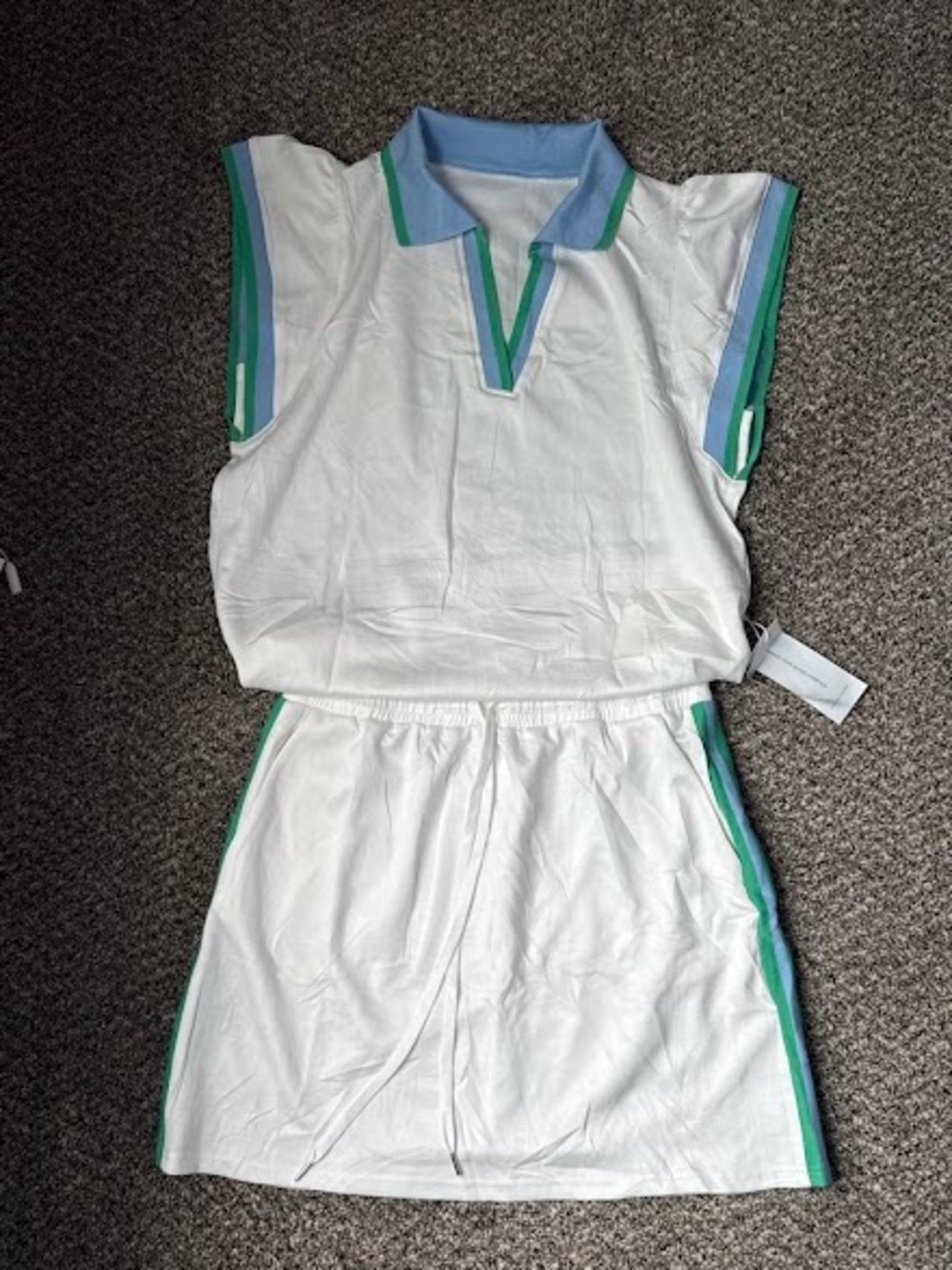 White Polo Skirt & Top Set with Blue & Green Trim